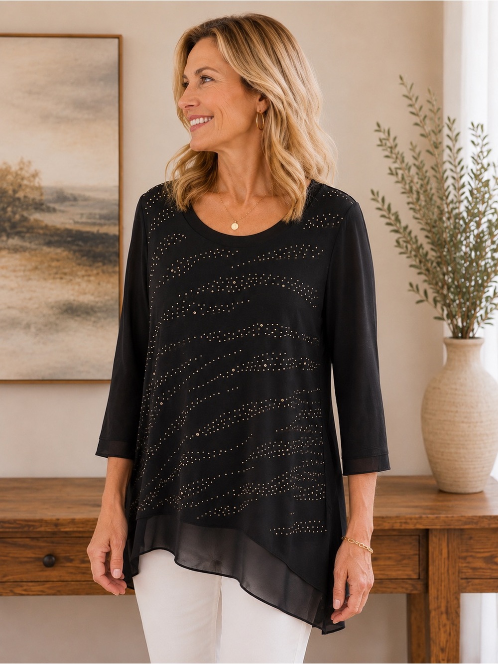 Belldini Elegant Black Top with Gold Embellishment